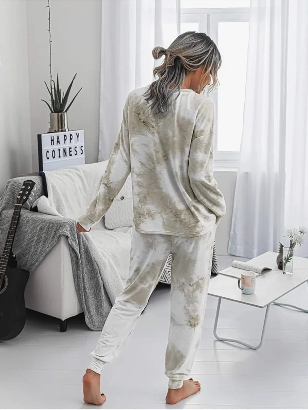 Women's Two Piece Loungewear Casual Tie-Dye Set - Cream Matching Outfit - Picture 5 of 6